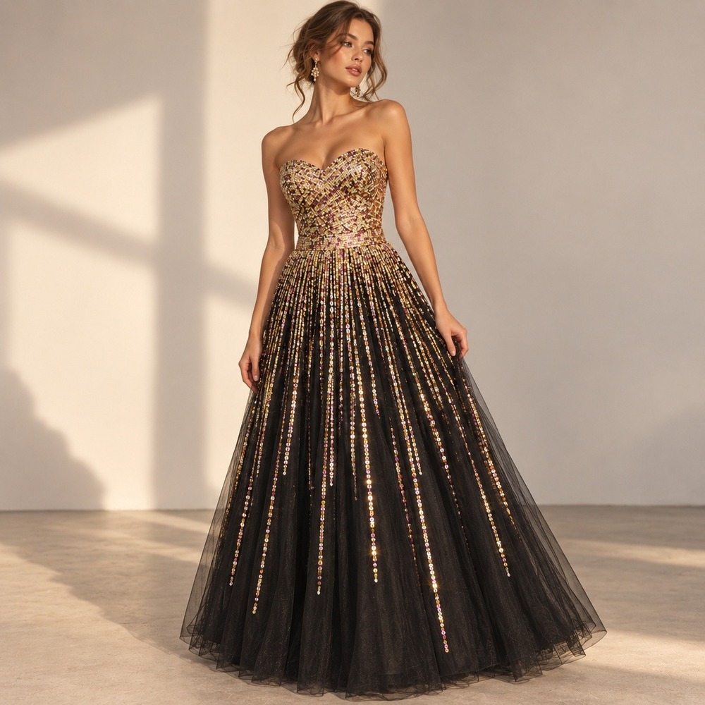 Glamour by Terani Couture Sequin Tulle Ball Gown Black Gold Size 14 Formal Prom